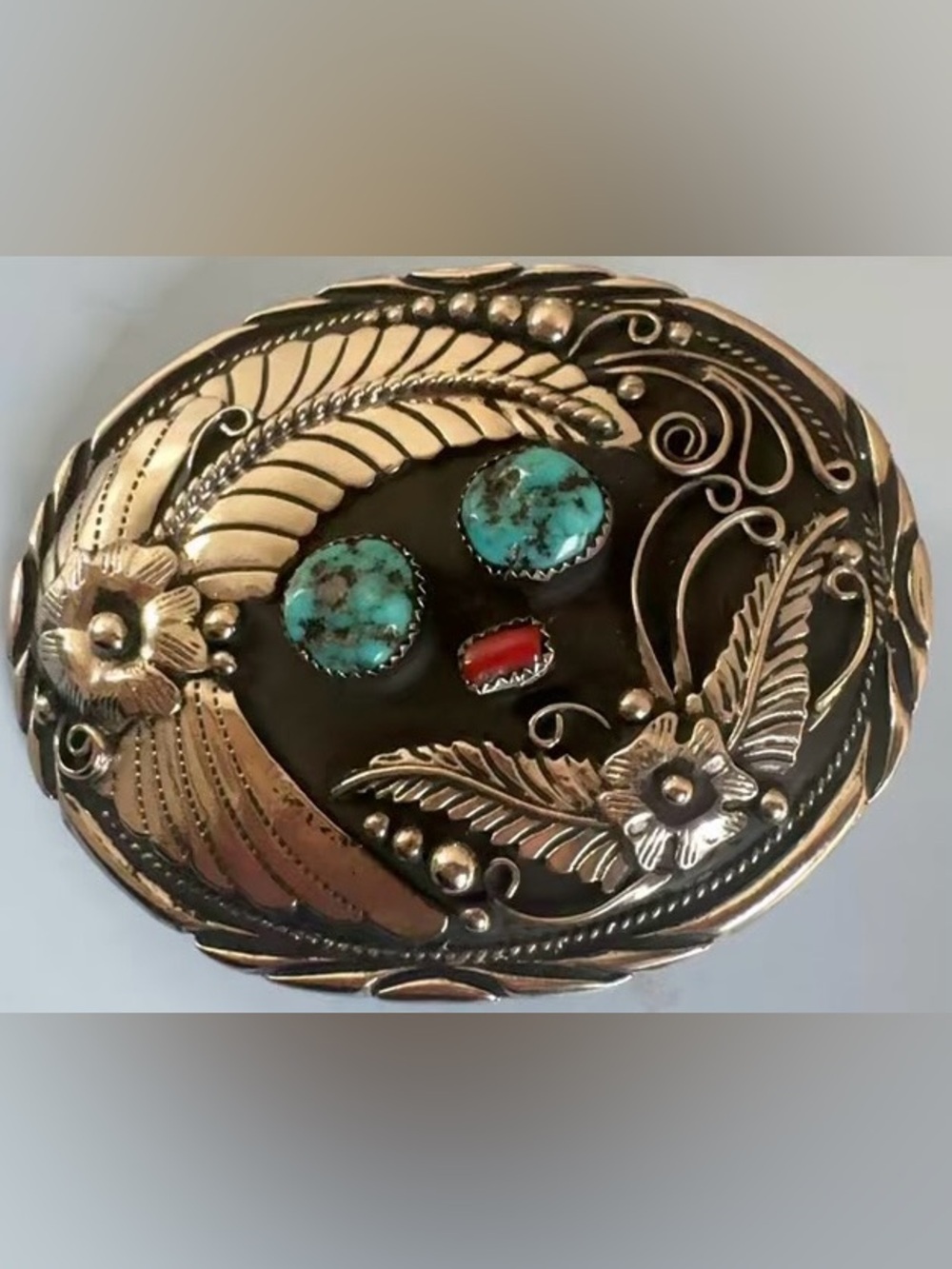 Vintage Genuine Turquoise and Coral Belt Buckle